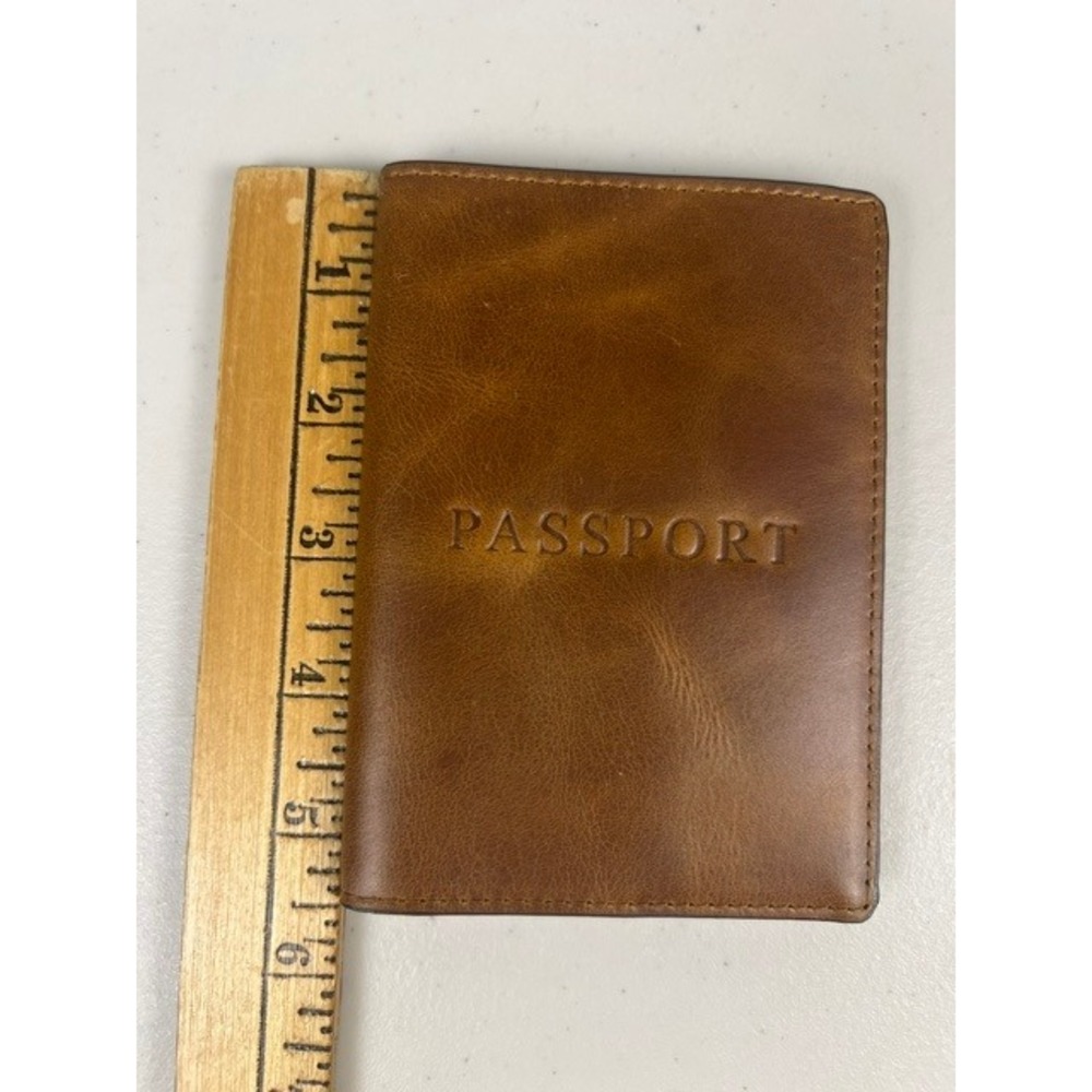 J.Crew Brown Leather Passport Cover Chambray Lined Travel Case Wallet - Picture 7 of 9